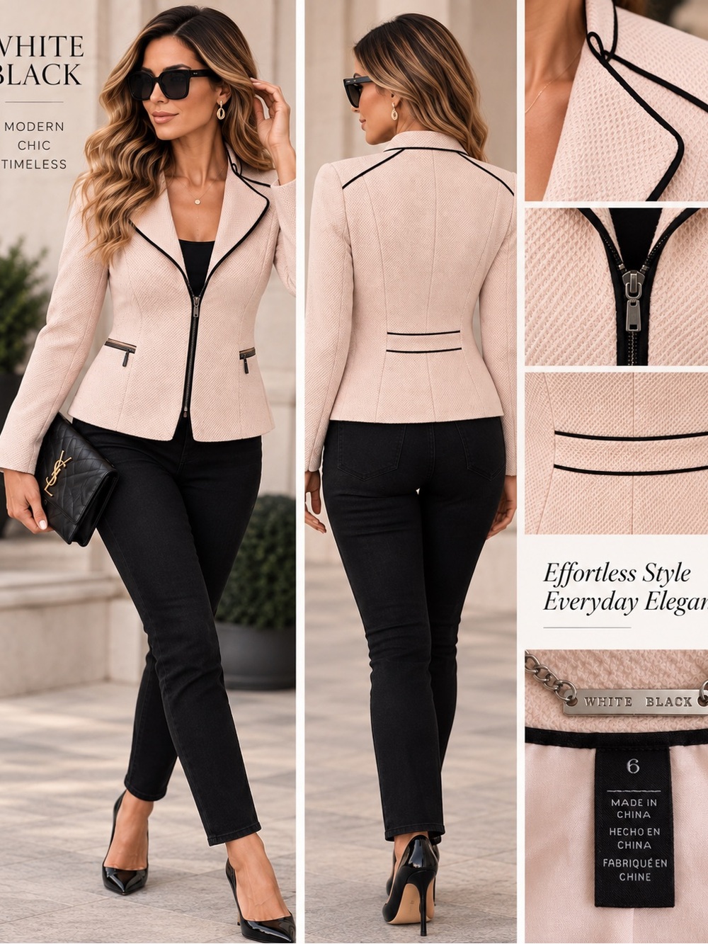 Blush Pink Contrast-Trim Zip Blazer